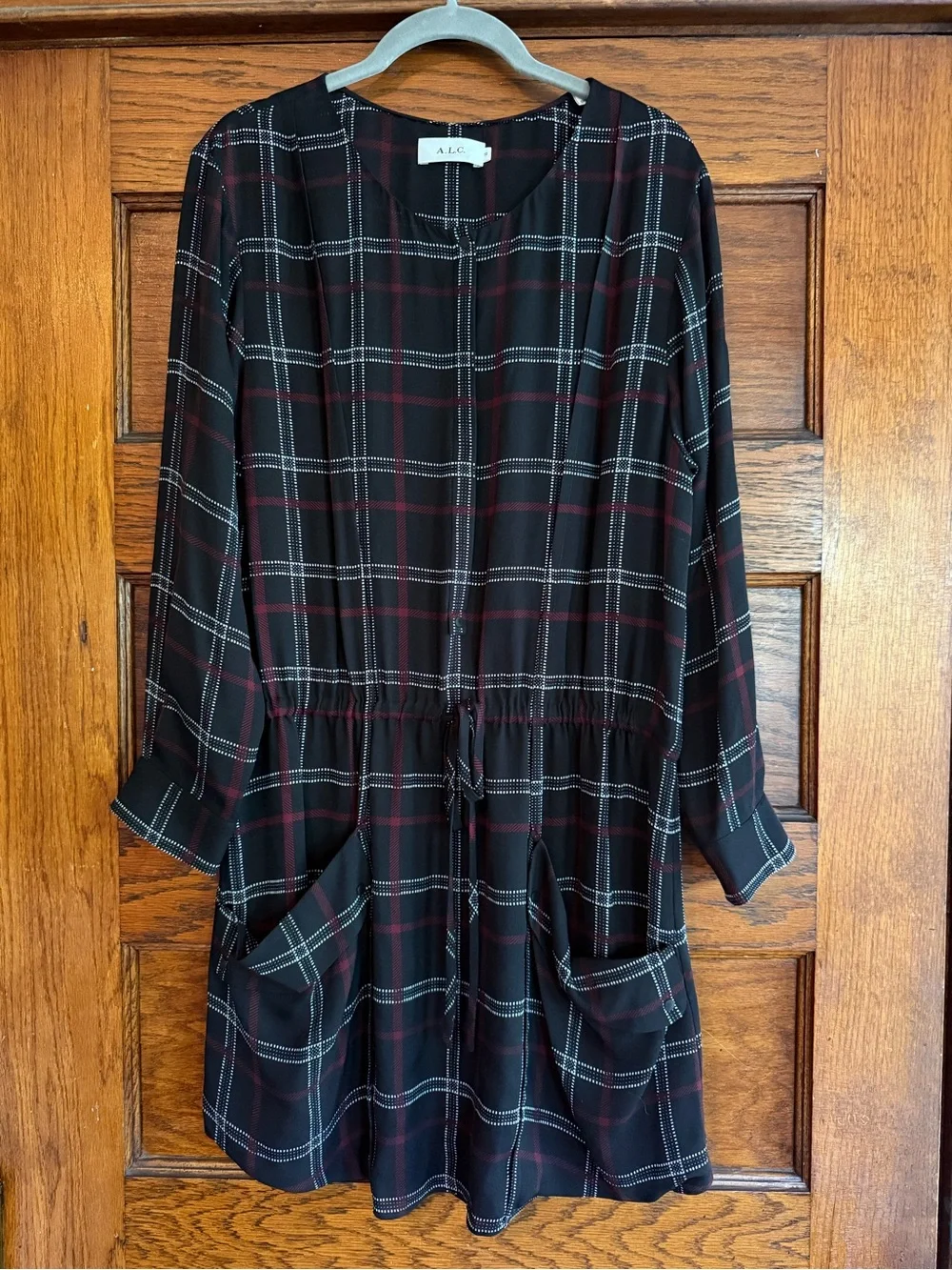 A.L.C. 100% Silk Plaid Dress Long Sleeve Dark Academia Collegiate Simona 10